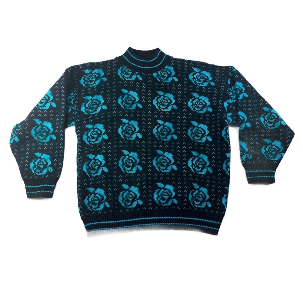 Vintage Kate Collins Sweater Women M Black Pullover Floral Rose USA Made Indie